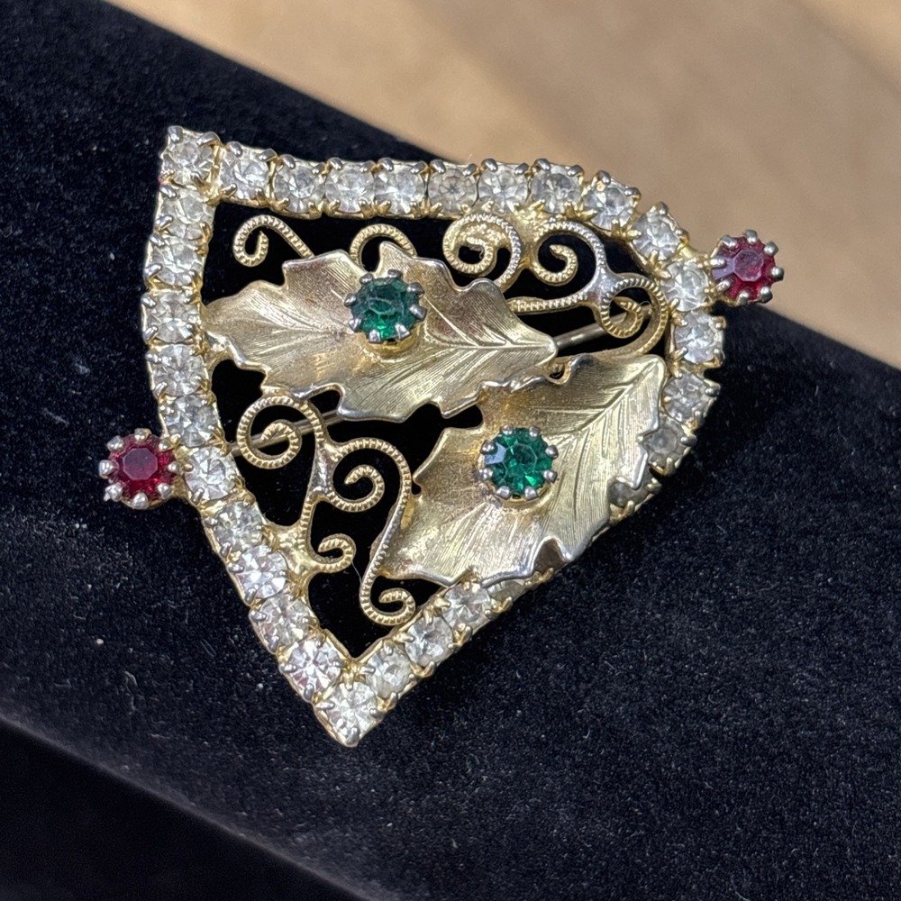 Vintage 1960s 70s Christmas Bell Brooch Gold Tone Rhinestone Holly Holiday